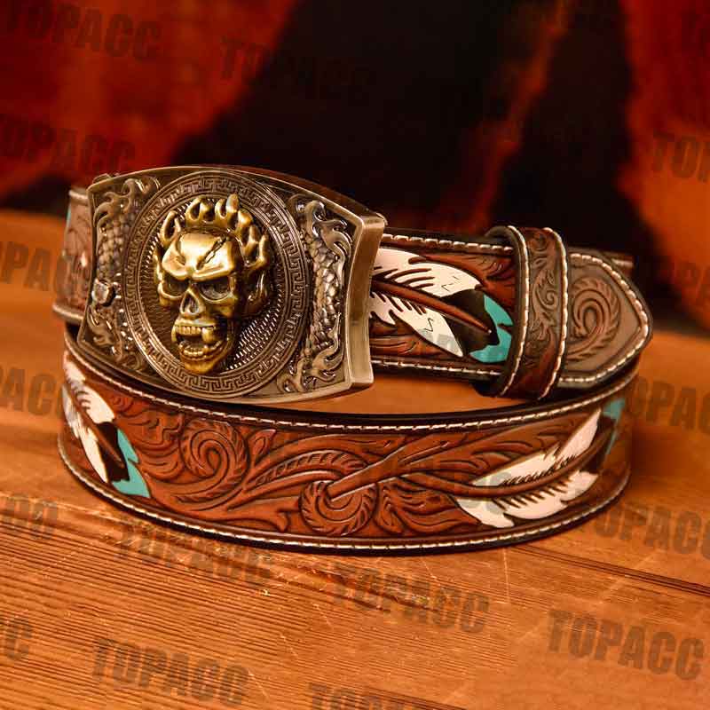 Cinturón de plumas de cuero genuino TOPACC - Cuadrado con hebilla cuadrada