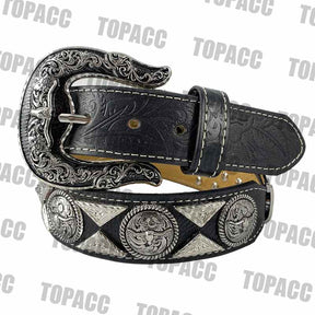 TOPACC Western Super Concho Longhorn Cow Bull Black Country Belts Genuine Leather