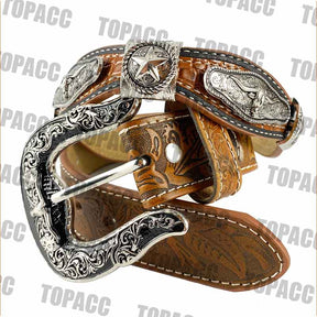 TOPACC Western Super Concho Silver Longhorn Cow Bull Brown Country Cinturones Cuero Genuino