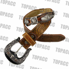 TOPACC Western Super Concho Silver Longhorn Cow Bull Brown Country Belts Genuine Leather