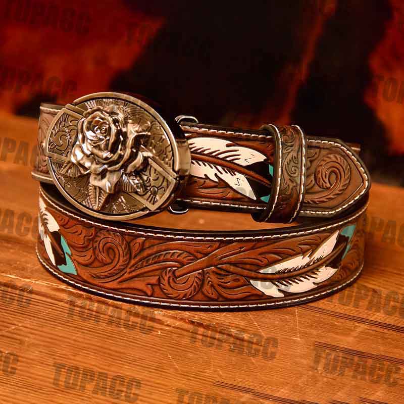 Waist 42-46 inch Western Leather Feather Belt - Block Buckle