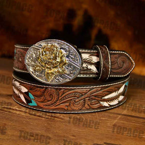 Feather leather belt with two-tone buckle