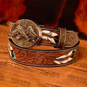 Waist 42-46 inch Western Leather Feather Belt - Block Buckle