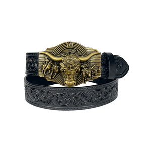 TOPACC Cinturón de cuero genuino negro-hebilla de cinturón de vaca de cuerno largo montar a caballo cobre/bronce