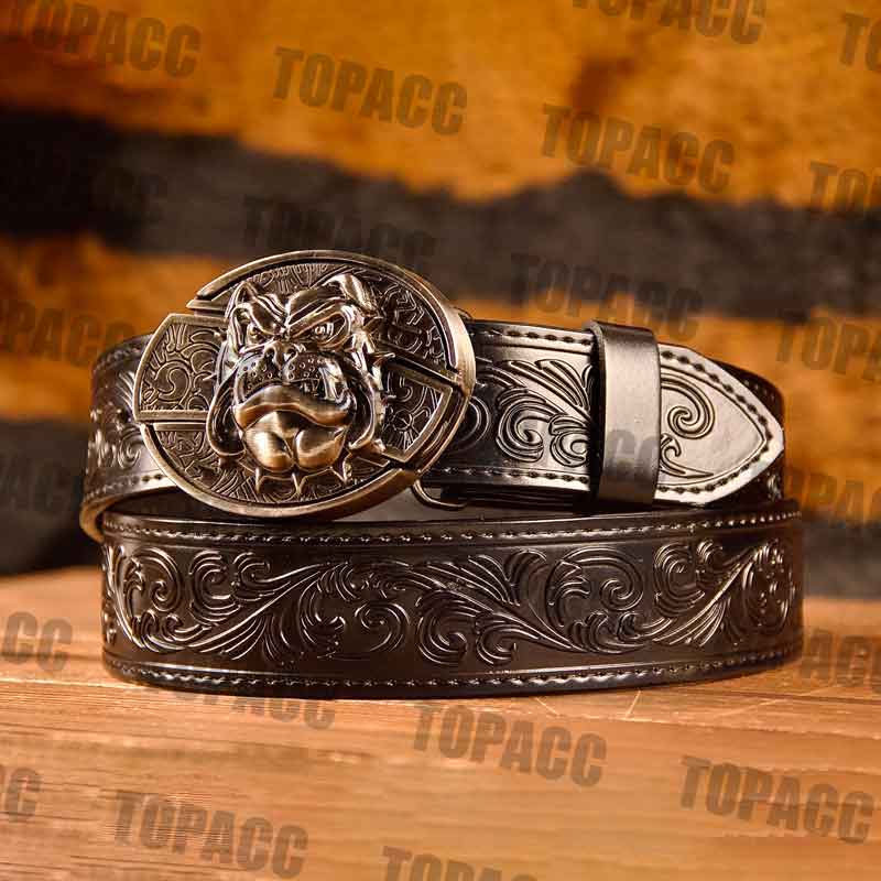 TOPACC Western Genuine Leather Pattern Tooled Black Belt - Buckle with Block