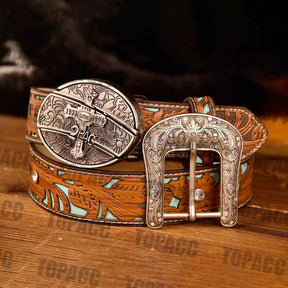 TOPACC Western Genuine Leather Pattern Tooled Belt - Buckle with