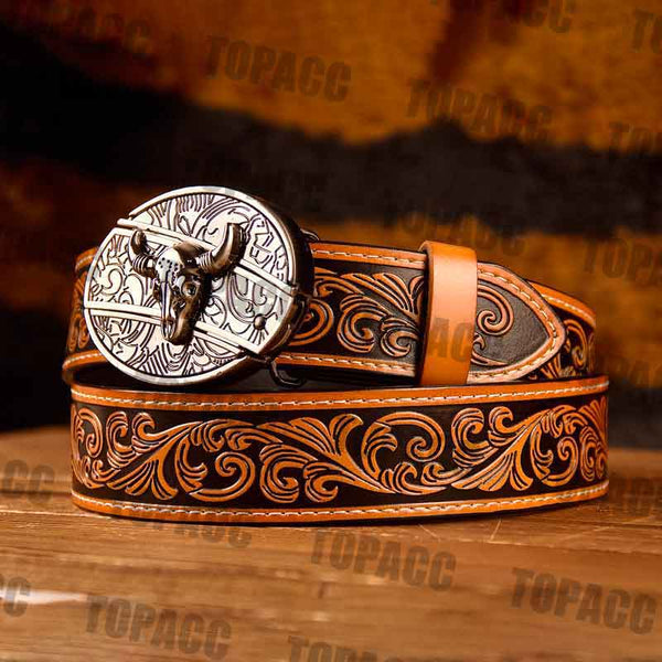 TOPACC Western Genuine Leather Pattern Tooled Belt - Buckle with Block –  Lowheads