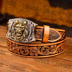 TOPACC Western Genuine Leather Pattern Tooled Belt -Square Buckle with Block