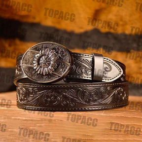 Cinturón labrado con patrón de cuero genuino occidental TOPACC - Hebilla con cuchillo
