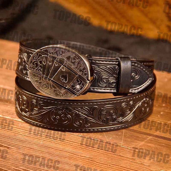 Topacc Western Genuine Leather Pattern Tooled Black Belt - Buckle With