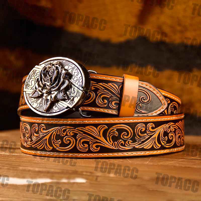 TOPACC Western Genuine Leather Pattern Tooled Belt - Buckle with Block –  Lowheads