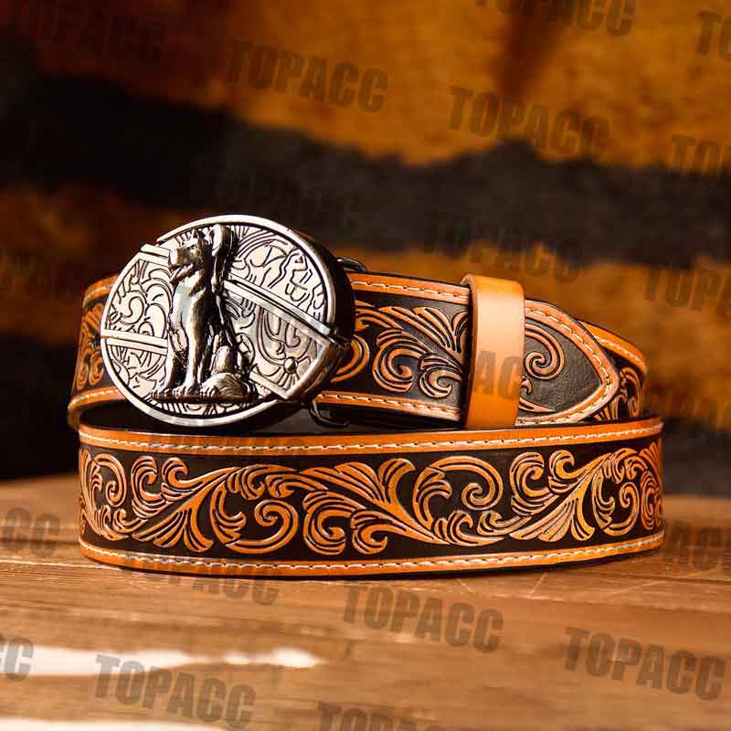 TOPACC Western Genuine Leather Pattern Tooled Belt - Buckle with Block