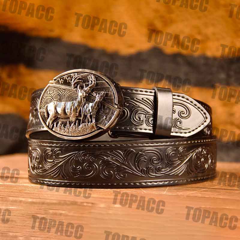 TOPACC Western Genuine Leather Pattern Tooled Black Belt - Buckle with