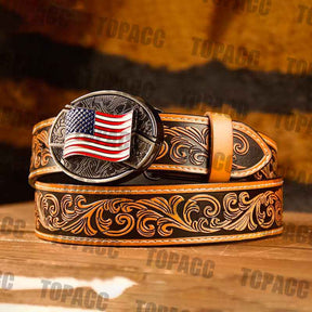 TOPACC Western Genuine Leather Pattern Tooled Belt - Buckle with Block