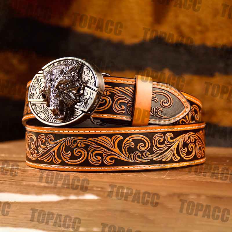 TOPACC Western Genuine Leather Pattern Tooled Belt - Buckle with Block ...