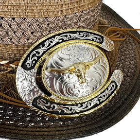 Cinturón con diseño de cuero genuino occidental TOPACC - Hebilla de toro de cuerno largo de herradura de dos tonos