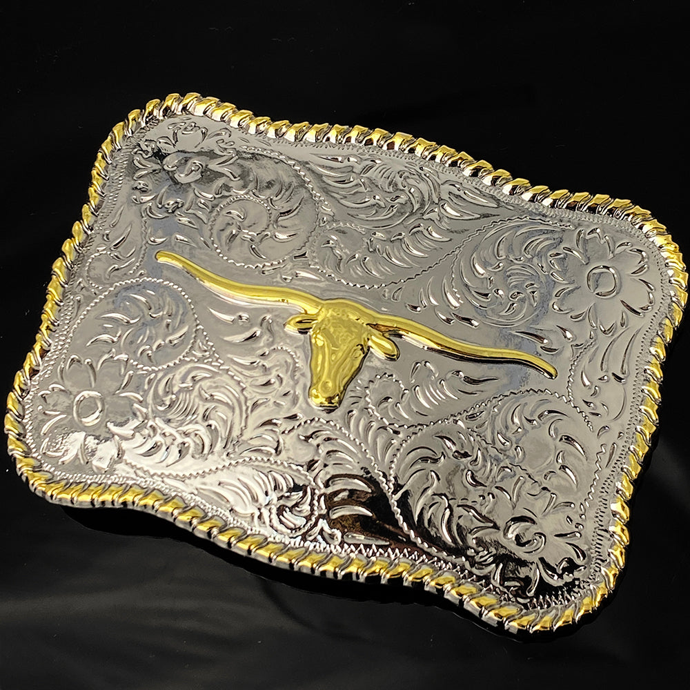 TOPACC Western Genuine Leather Pattern Tooled Belt- Rectangle Two Tone Longhorn Cow Belt Buckle
