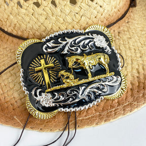 TOPACC 3D Rectangle Western Cowboy Horse Prayer Cross Belt Buckle Black Gold/Bronze