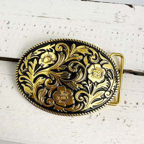 TOPACC Western Oval Floral Black Gold Pattern Buckle