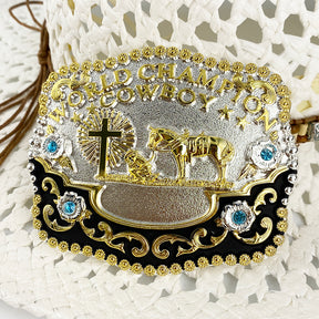TOPACC 3D Rectangle Western Cowboy Horse Prayer Cross 'world champion cowboy'Belt Buckle