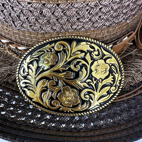 TOPACC Western Genuine Leather Pattern Tooled Belt-Oval Black Gold Pattern Buckle