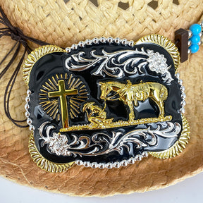 TOPACC 3D Rectángulo Western Cowboy Horse Oración Cruz Cinturón Hebilla Negro Oro / Bronce