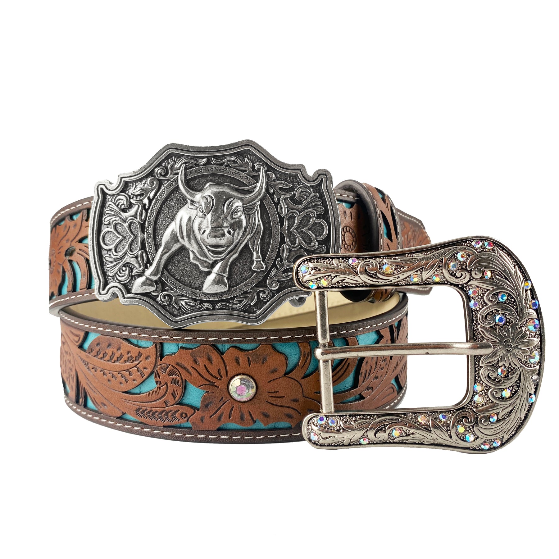 TOPACC Western Turquoise Belts - Bullfight Belt Buckle Copper/Bronze