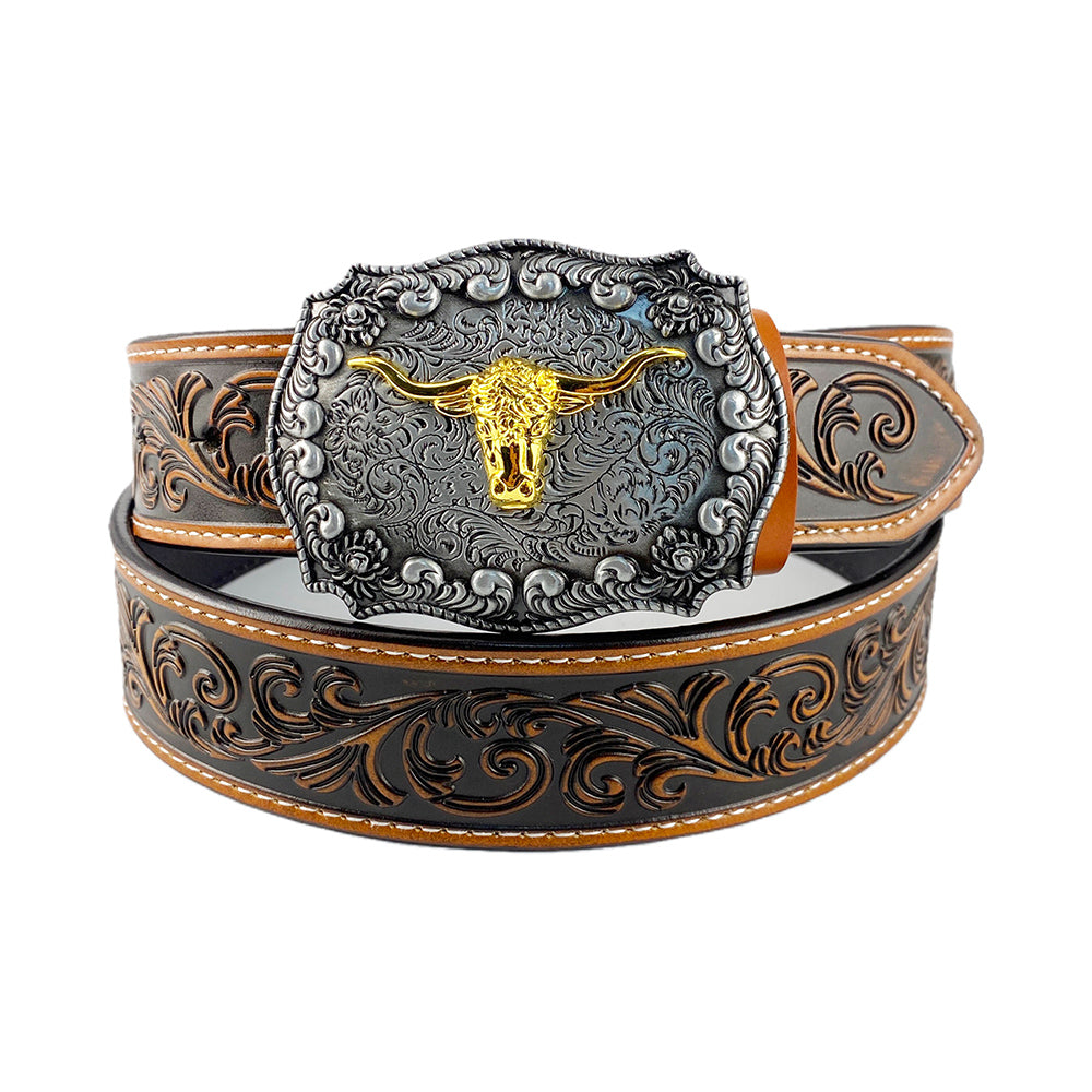 TOPACC Western Genuine Leather Pattern Tooled Belt- Longhorn Cow Belt Buckle Two Tone/Bronze