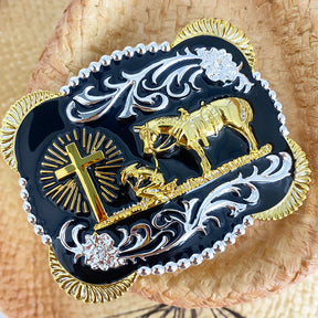 TOPACC Western Genuine Leather Pattern Tooled Belt-3D Cross Horses Prayer Buckle