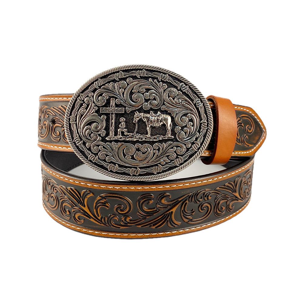 Cinturón con diseño de cuero genuino occidental TOPACC, hebilla de cinturón de caballo con cruz de oración, cobre/bronce