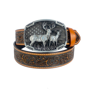 TOPACC Western Genuine Leather Pattern Tooled Belt-Deer American Flag Belt Buckle Copper/Bronze