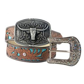 TOPACC Western Turquoise Belts - Pattern Longhorn Cow Belt Buckle Cobre/Bronce