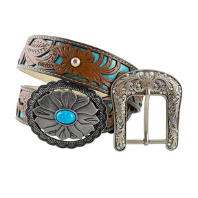 TOPACC Western Turquoise Belts - Turquoise Flower Belt Buckle Copper/Bronze