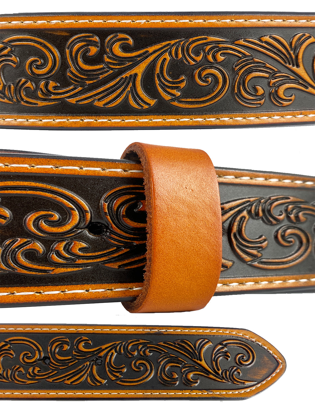 TOPACC Western Genuine Leather Pattern Tooled Belt-3D Cross Horses Prayer Buckle