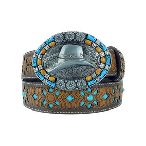 Cintos TOPACC Western Turquesa - Oval Turquesa Chapéu de Cowboy Fivela Cobre/Bronze