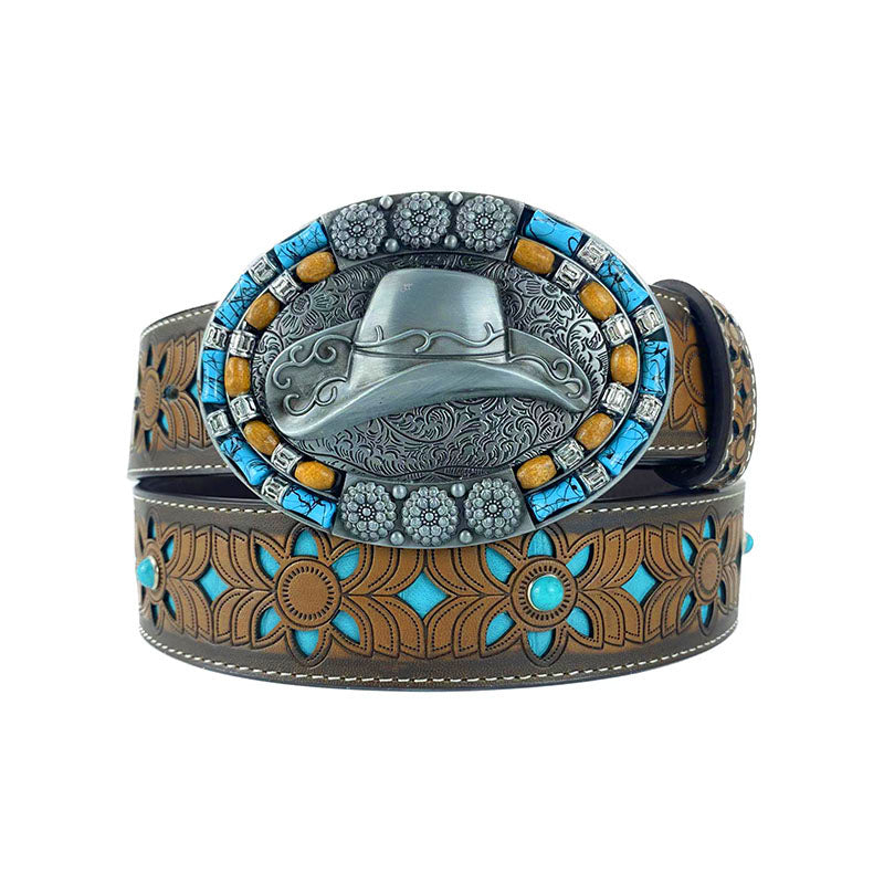TOPACC Western Turquoise Belts - Oval Turquoise Cowboy Hat Buckle Copper/Bronze