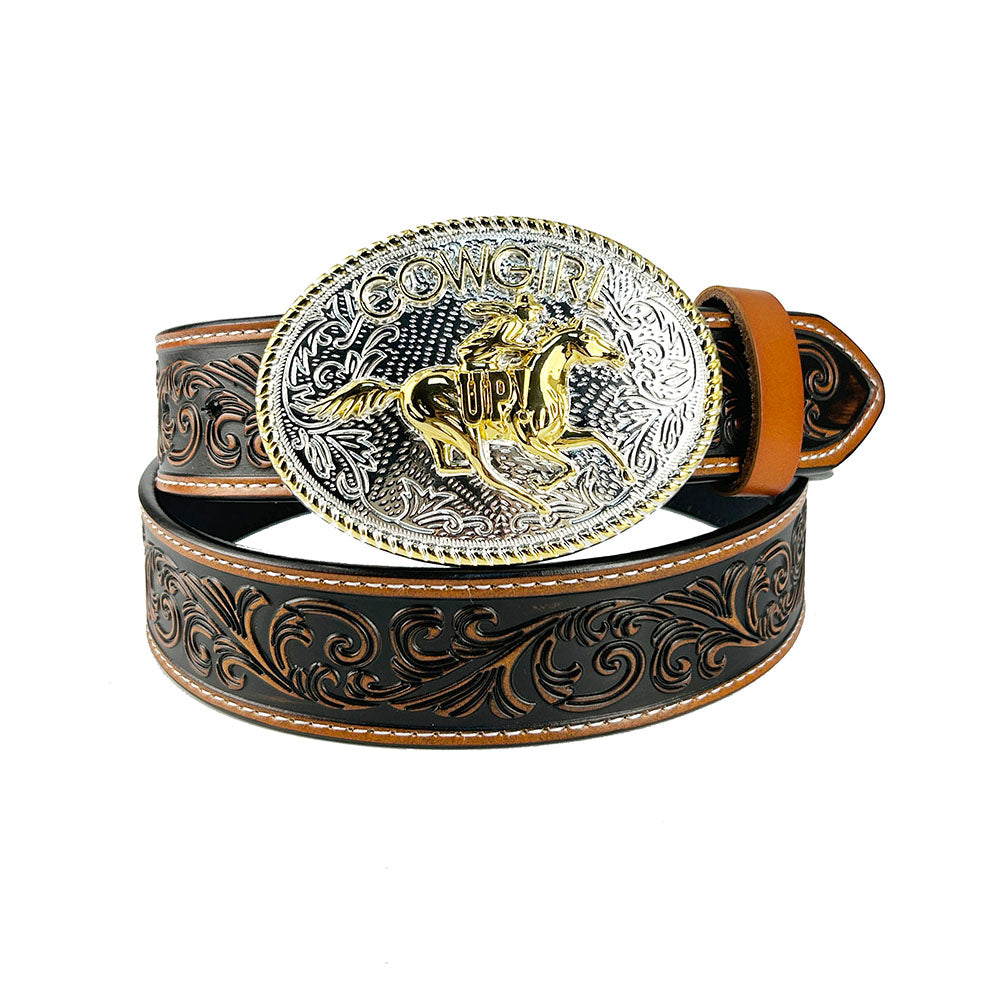 TOPACC Western Genuine Leather Pattern Tooled Belt-Cowgirl Riding Belt Buckle