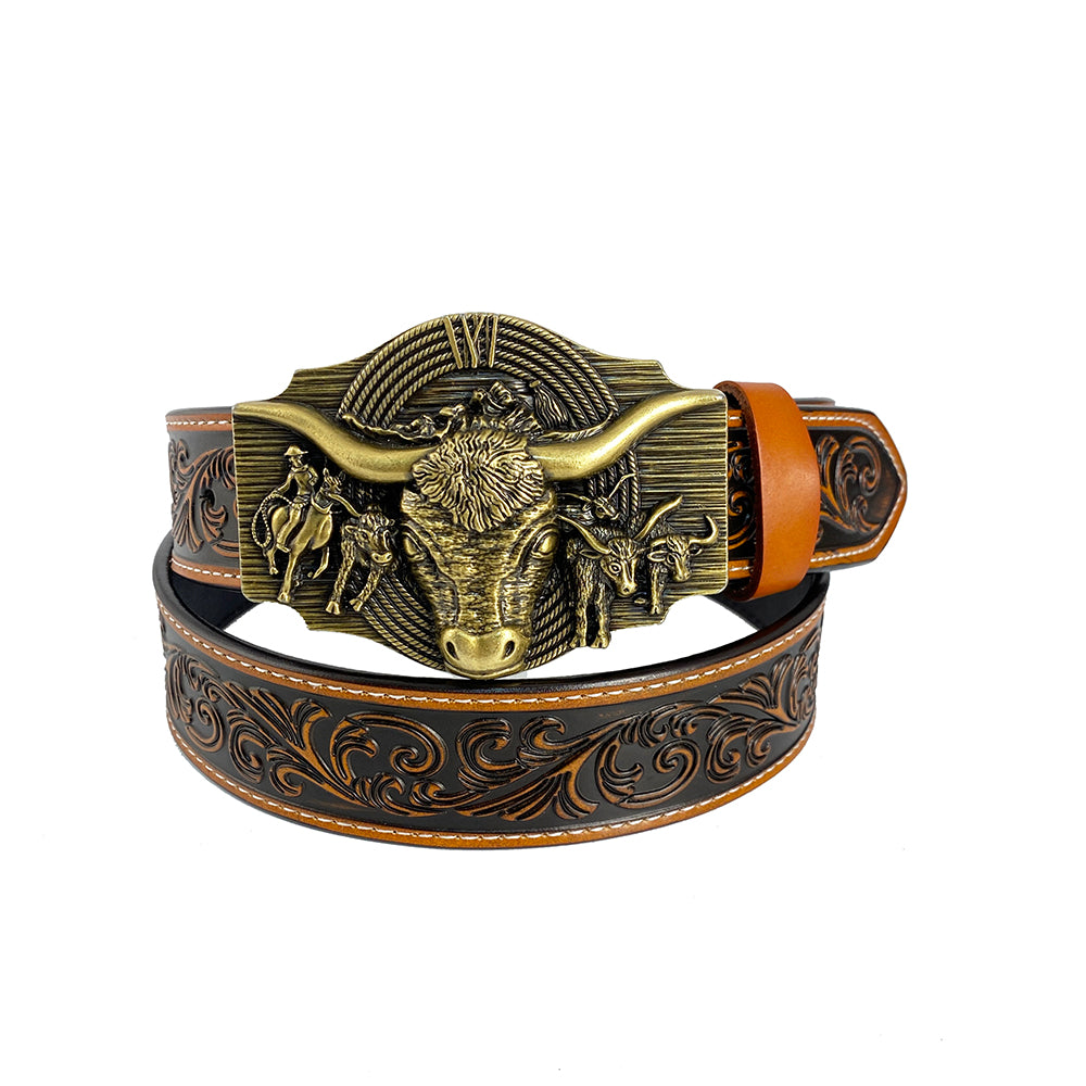 TOPACC Western Genuine Leather Pattern Tooled Belt-Longhorn Cow Belt Buckle Horseback Riding Copper/Bronze