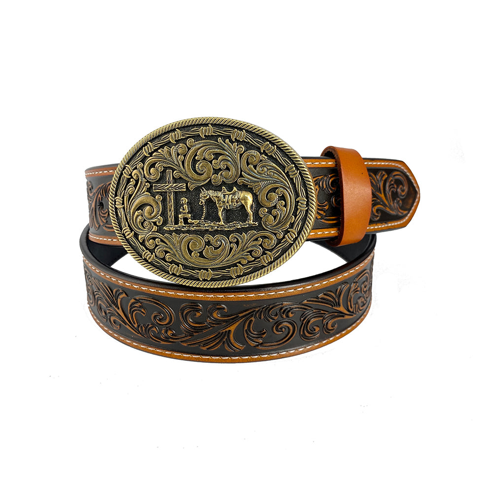 TOPACC Western Genuine Leather Pattern Tooled Belt-Prayer Cross Horse Belt Buckle Copper/Bronze