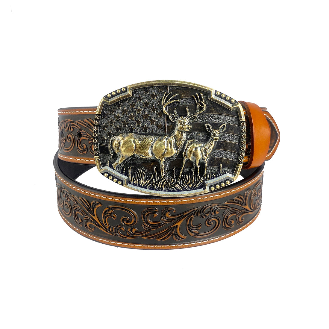 Cinturón de cuero genuino occidental TOPACC, hebilla de cinturón con bandera americana de ciervo, cobre/bronce
