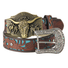 TOPACC Western Turquoise Belts - Longhorn Cow Belt Buckle Horseback Riding Copper/Bronze