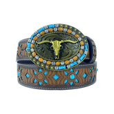 TOPACC Western Turquoise Belts - Oval Turquoise Longhorn Buckle Copper/Bronze