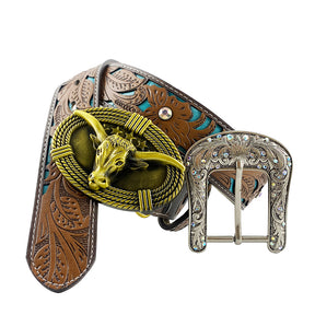TOPACC Western Turquoise Belts - Cute Longhorn Cow Belt Buckle Copper/Bronze