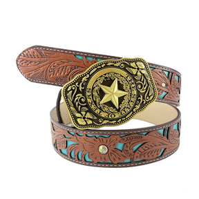 Cintos TOPACC Western Turquesa - Pentagrama 'The State Of Texas' Fivela de Cobre/Bronze