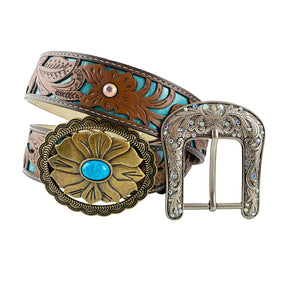 TOPACC Western Turquoise Belts - Turquoise Flower Belt Buckle Copper/Bronze