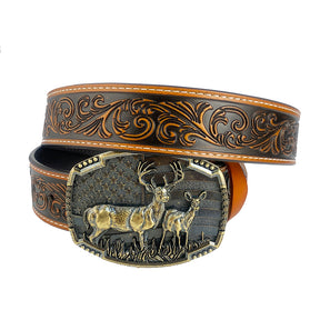 TOPACC Western Genuine Leather Pattern Tooled Belt-Deer American Flag Belt Buckle Copper/Bronze