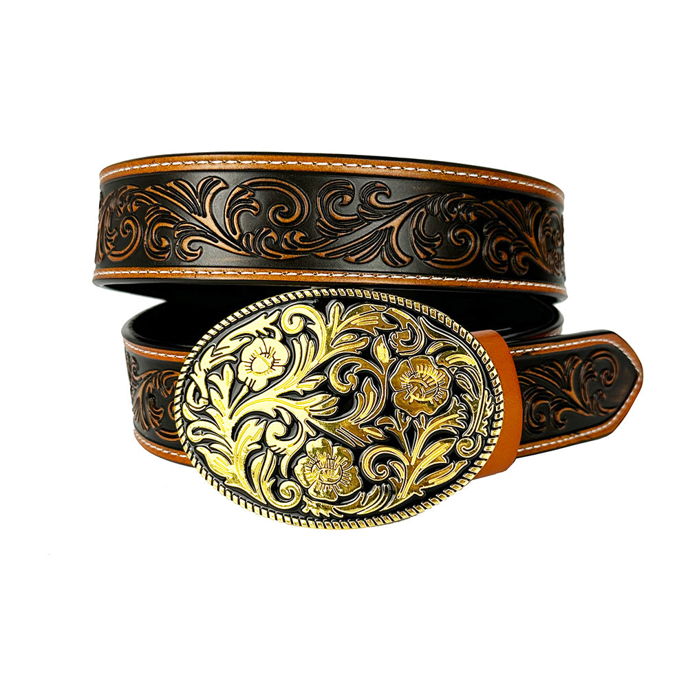 TOPACC cinturón con diseño de cuero genuino occidental-hebilla ovalada con patrón de oro negro