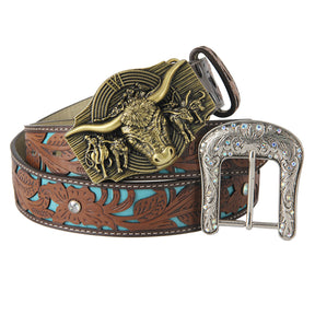 TOPACC Western Turquoise Belts - Longhorn Cow Belt Buckle Horseback Riding Copper/Bronze