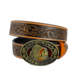 TOPACC Western Genuine Leather Pattern Tooled Belt-Indians Bronze drip oil Belt Buckle