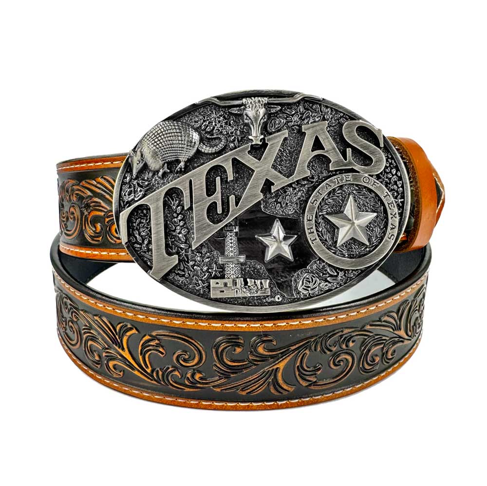 TOPACC Western Genuine Leather Pattern Tooled Belt- Texas Longhorn Belt Buckle Copper/Bronze